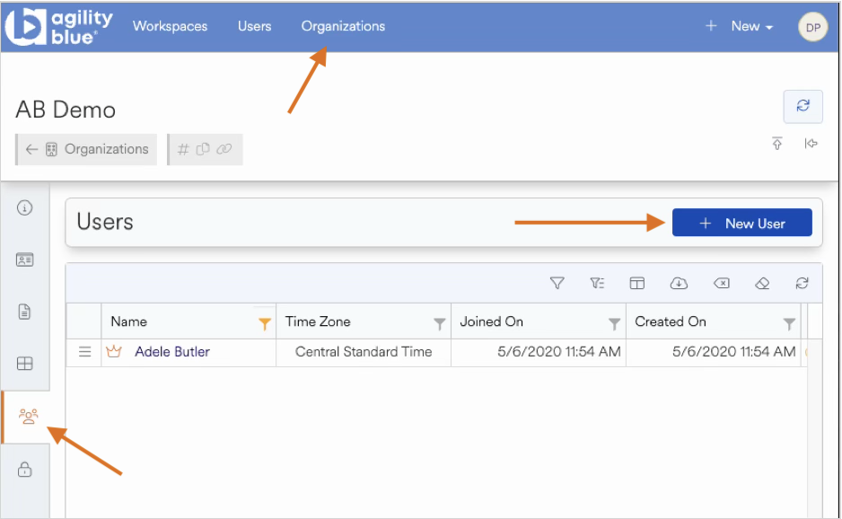 User management interface showing options to add new users and view organizations.